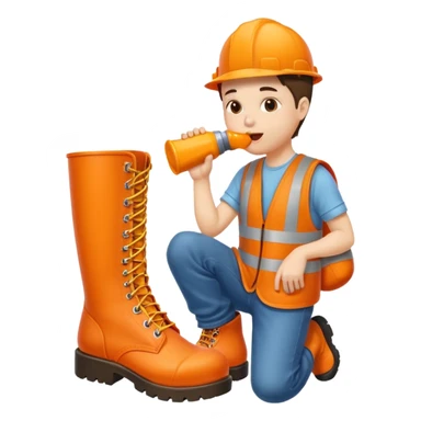 Person licking a large orange work boot sticker
