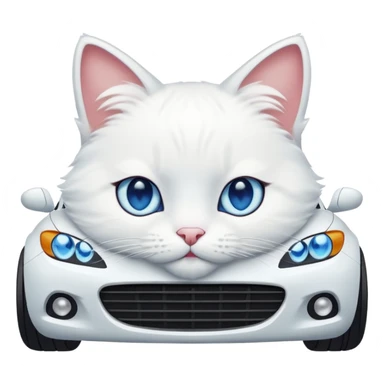 Please create a small emoji the size of 🚗 featuring a pure white cat with blue eyes on a white car. sticker