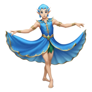 elf male dancer with water-like dress, graceful pose on wet sand, splashes, pointy ears, serene expression, centered emoji, ethereal blue colors sticker