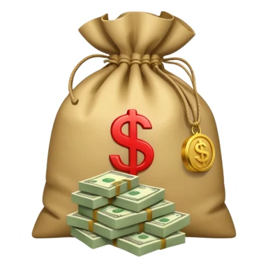 money bag and stack of dollars placed with it sticker