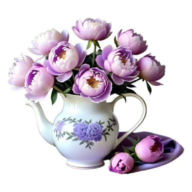 A porcelain pitcher with delicate lavender patterns holds a bouquet of pastel purple peonies, some fully opened, others still unfurling. Their petals, ranging from soft lilac to muted heather, contrast with the smooth surface of the pitcher. A few fallen petals rest beside it on a wooden table, while the edges of a lace cloth peek from underneath. Light filters through, emphasizing the variations in color and texture." sticker