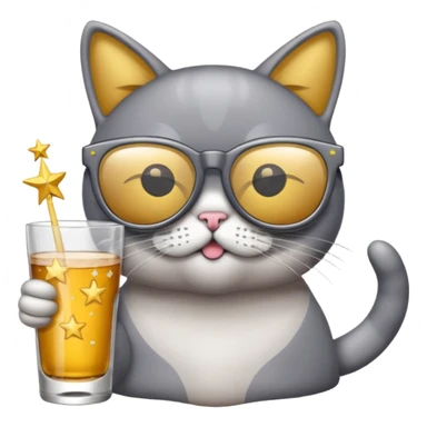 Fait un chat gris avec des lunettes de stars et avec un verre d alcool qui fait la fête sticker