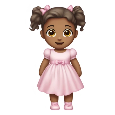Little Baby Girl with light white skin, brown eyes. Dark hair in two ponytails, with light pink bows.  She is wearing a light pink and White dress, standing and holding a teddybear with a pink bow. Only showing up to her waist sticker