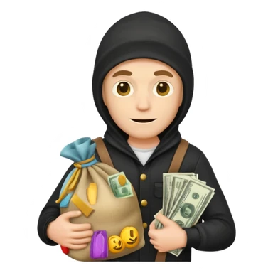 white man dressed as a robber, holding a sack of money, simple emoji style sticker
