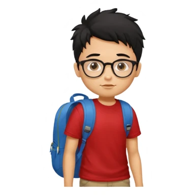generate a pretty tan bratz boy with glasses and a backpack. black messy hair. wearing a red tshirt. sticker