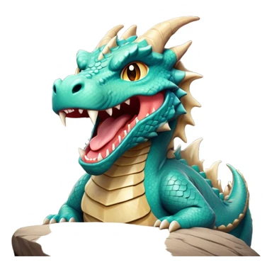 Cinematic Cute Yawning Giant Rock Dragon Portrait Emoji, Head tilted slightly with a dramatic, wide-open yawn, revealing a colossal, rugged body with weathered, rock-like scales and subtly drooping, earthy features rendered in authentic, stony texture; high shine, relaxed yet powerful, styled with a dash of timeless geological charm, soft glowing outline, capturing the essence of a sleepy but stoic rock behemoth ready to settle into an ancient, enduring slumber! sticker