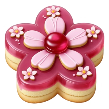 Realistic shortbread cookie in the shape of a cherry blossom with pale pink color jelly middle filling and sprinkled powder sugar on top. sticker