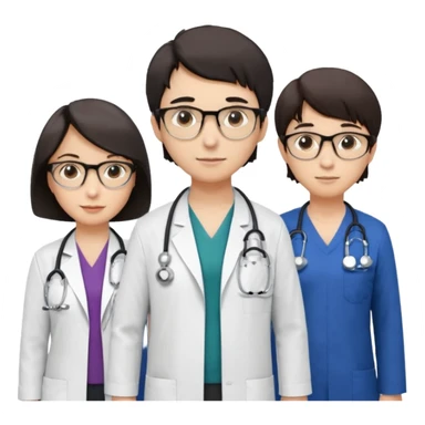 Four doctors standing together:

a female doctor with dark-colored short bob hair,

a young male doctor,

an older male doctor with white hair wearing glasses,

and a female doctor wearing glasses. sticker