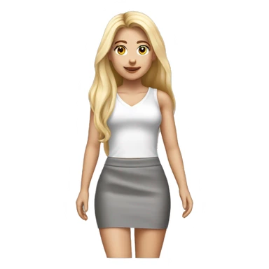 realistic caucasian blonde, long straight hair, white deep v-neck crop tanktop, gray tight mini skirt, walking body view sticker