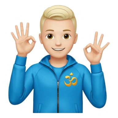 rapeur jul en emoji ios, blanc, rasé sur les cotés, cheveux au centre dressés au gel, signe J avec les mains, survet de l'om sticker