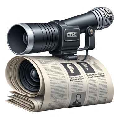 An icon featuring a microphone, a newspaper, a professional camera Nikon D5, representing journalism and mass media. The design includes headlines and imagery, symbolizing the spread of news and information. Transparent background highlights the power of communication and media. sticker