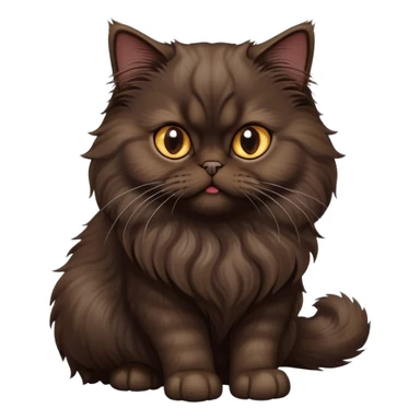 cinematic-[dark brown persian cat]-realistic-full-body-sitting-emoji,-tail-curled-playfully-around-its-paws,-head-tilted-dramatically,-fluffy-[dark brown]-fur,-simplified-yet-realistic-focused-features,-highly-detailed,-glowing-with-an-almost-sarcastic-glow sticker