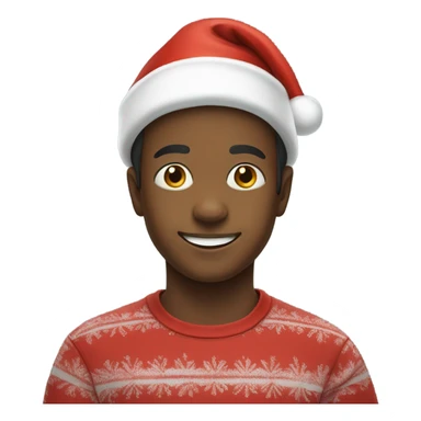 smiling boy in red shirt with a Santa hat sticker