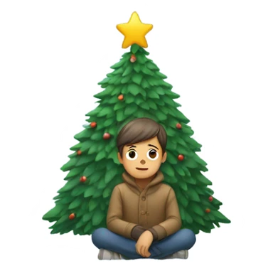 boy sitting in snow surranded with xmas tree sticker