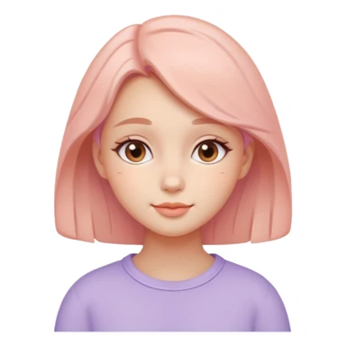 Create a cohesive set of 8 emoji-style icons that represent a kind-hearted, very lovable girl (head-and-shoulders). Requirements: soft, rounded shapes and friendly proportions; warm pastel color palette (peach skin undertone options, blush pink, warm lavender accents);  sticker