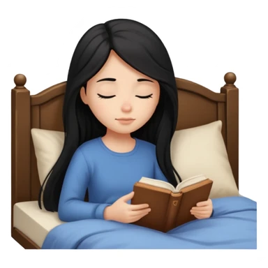Girl black long hair reading book sleepy bed sticker