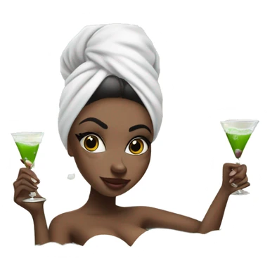 Girl with white towel wrapped around hair and cucumbers on eyes with manicure  holding a martini glass and bottle in black high heels kicking feet out in bubble bathtub  sticker