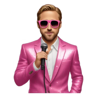 Ryan Gosling in pink glittery suit and pink sunglasses singing with mic sticker