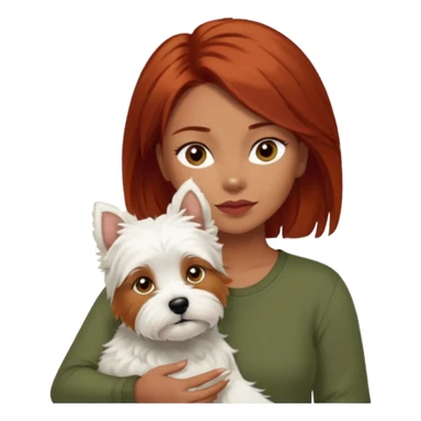 Westhighland white terrier dog being held by woman with dark shoulder length red hair and hazel eye wearing olive green top sticker