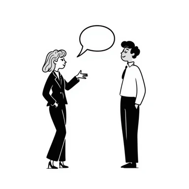 A blonde woman in a black suit talking to a brown-haired man in a white t-shirt. The woman has a speech bubble above her head. The woman is talking and the man is smiling. sticker