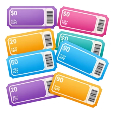 Create blank lottery coupons fanned out, clean and colorful, with different header colors and simple grid sections. No numbers, no text—just empty fields and a lottery-ticket layout. Bright, modern, and on a neutral background. sticker