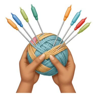 hands holding 2 knitting needles (1 on the right hand and another one on the left hand) with a ball of knitting thread (without a person's face) sticker