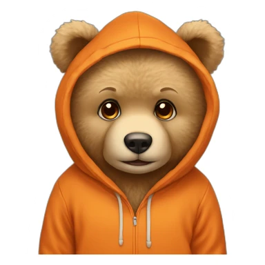 A cute beige teddy bear wearing an orange hoodie. His eyes are black sticker