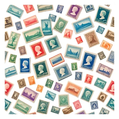 Icon for Stamp Collecting: a collection of vintage and colorful stamps arranged in an album or on a desk, with a large stamp block in the center showcasing different countries and themes. The icon should reflect the charm and history of philately. Transparent background. sticker