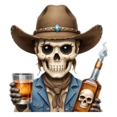 A rough and tumble cowboy with a 6 shooter and a bottle of whiskey. From the view of a bird looking down on the cowboy. Make the graphics dark and gritty in the style of your beeding skull art. Just a skull with a cowboy hat this rime sticker
