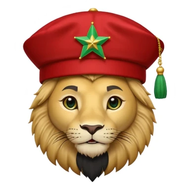 Cute lion emoji face wearing a Red Moroccan fez hat with a flat top, straight sides, a green five-pointed star on the front, and a thin black tassel hanging from the right side. sticker