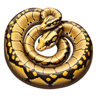A photo-realistic top-down view of a Ball Python gently coiled into a tight spiral, with its head resting peacefully at the center. Its scales are warm brown with bold, irregular black markings, including the distinctive “alien-head” pattern, flowing smoothly along its body.  sticker