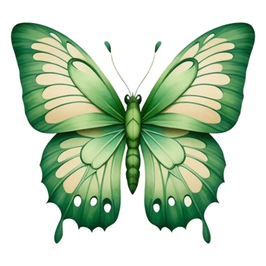 A green butterfly with watercolor wings resembling monstera leaves, featuring natural cutouts and soft botanical tones on a beige background. sticker