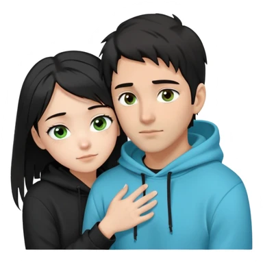 “A dark-haired Latino guy with brown eyes, wearing a black hoodie and a short fringe falling forward, is hugging a very pale, black-haired girl. Only her face is visible — she has greenish-blue eyes and a ponytail, with two strands of hair framing her cheeks.” sticker