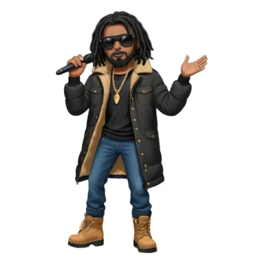 African American man with shoulder length black dreadlocks with black beard wearing dark black sunglasses wearing a black bubble coat wearing denim skinny jeans and timberland boots rapping into a microphone on stage sticker