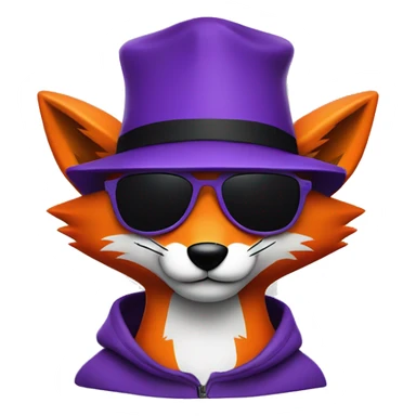 purple ad orange fox with wry smile, black sunglasses flat brim hat sticker