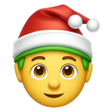 Santa’s helper face emoji, red hat, green accents, friendly expression sticker