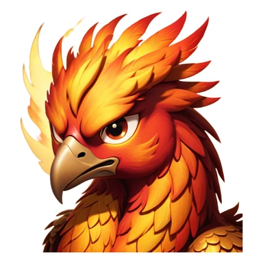 Cinematic Battle-Hardened Mystical Fire Phoenix Portrait Emoji, head bowed slightly in a moment of raw resilience, revealing a form etched with the wear of relentless conflict. Ragged, scorched plumage and half-closed, determined eyes speak to battles fought and won. Rendered with authentic detail and dramatic natural light that accentuates every scar and burn, high shine, this portrayal blends vulnerability with hardened strength, outlined in a soft glow that captures the essence of a phoenix tempered by the fires of combat. sticker