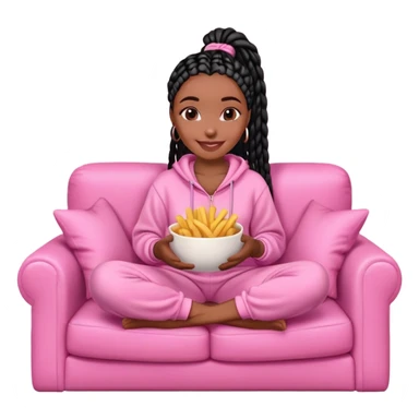 A dark-brown-skinned Black woman with black box braids, sitting on a pink couch, holding a bowl of French fries in her lap, smiling or casually enjoying the snack. She’s wearing comfy loungewear, relaxed in a cozy setting. sticker