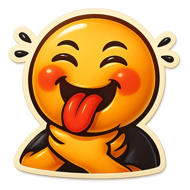 Make the emoji smile while choking itself, keep the same retro stickers style, no background. sticker
