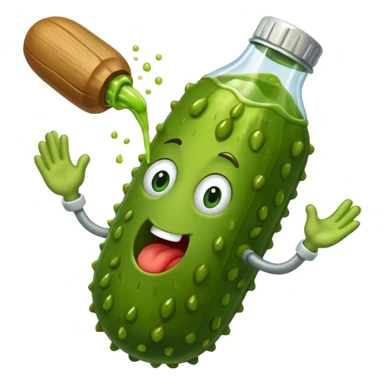 a cartoon pickle with juice squirting from the top of it, being squeezed by a hand sticker