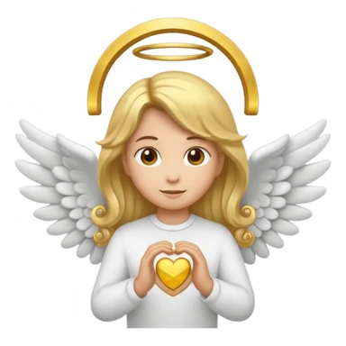 "Um emoji de anjo com cabelos loiros, um halo, asas, segurando um sinal de 'compartilhar' em letras em negrito." sticker