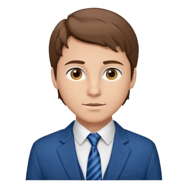 un homme type caucasien brun plutôt jeune avec des jolies traits avec une chemise blanche et une veste a manche longues et cravate bleu il a les yeux marron sticker