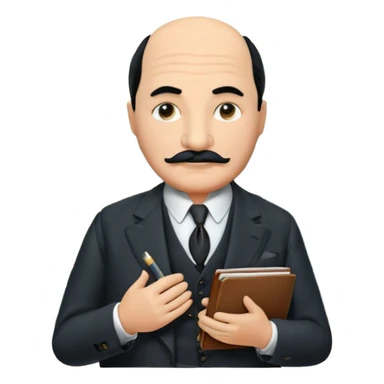 A cinematic-style frame showing Hercule Poirot in his iconic suit with a notebook in a dramatic detective pose. Background should be mysterious city, map, a board with photos of suspects, clues like fingerprints. Transparent background. sticker