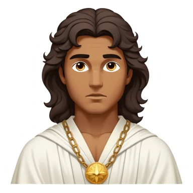 Cinematic Realistic Hercules Portrait, depicted as a classical Greek hero inspired by the Disney version yet echoing the refined proportions and serene dignity of Michelangelo's David. His idealized, sun-kissed bronze skin glows with timeless strength, and his thick, wavy dark hair falls in natural, sculpted curls. Draped in a flowing white robe with delicate golden accents, his expressive eyes radiate determined nobility, all rendered under dynamic natural lighting with a mythic, radiant glow. sticker