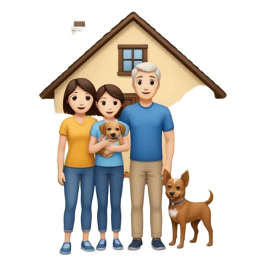 a mom and dad standing in front of a house with their son and a dog next to them (1 dog) and 1 SON not daughter sticker