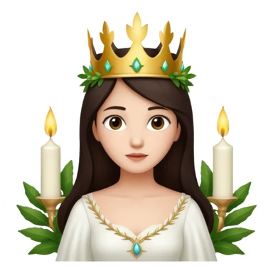  saint lucia with dark brown hair with a white gown and a crown made from greenery with candles on the crown sticker