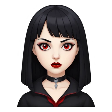 pale woman with black long straight black hair red sleepy eyes with black eyeliner black lipstick vampire teeth straight short bangs serious expression with thin black eyebrows nose piercing black clothe  sticker