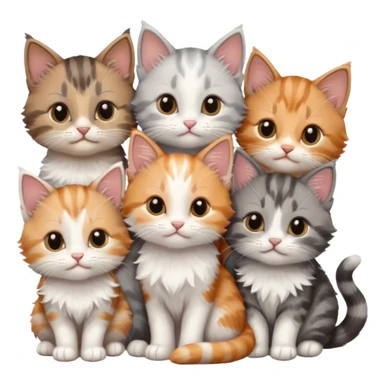 6 tiny kittens cuddling together all various different natural colours including grey and white, ginger and white, calico, grey, and brown tabby and white sticker