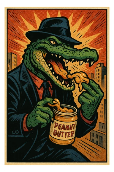 gangster alligator eating peanut butter, comic book style, dramatic pose, cityscape sticker