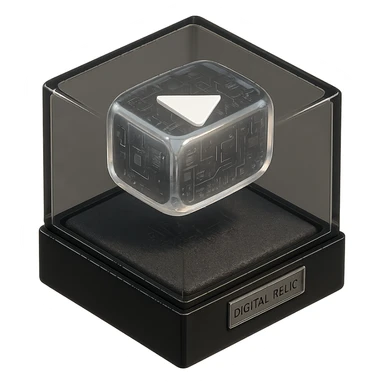 white youtube play button placed in the center of a sleek black acrylic box, like a collectible or museum artifact, foam padding, small engraved nameplate that says “Digital Relic”, soft ambient lighting, real-world texture sticker